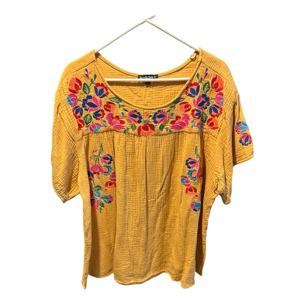 Be Seen Sales Yellow Blouse with Colorful Floral Embroidery